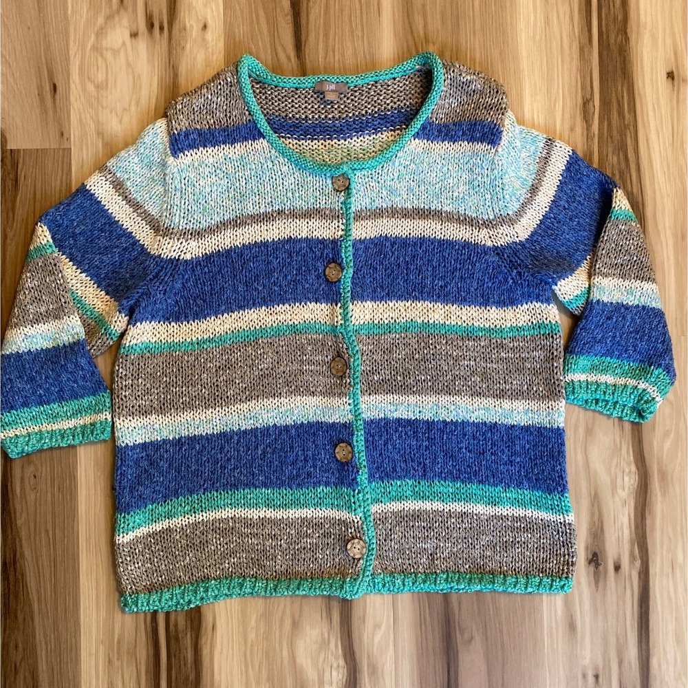 J. Jill Striped Chunky Knit Cardigan Sweater Blue Teal Cotton Blend 3/4 Sleeve L